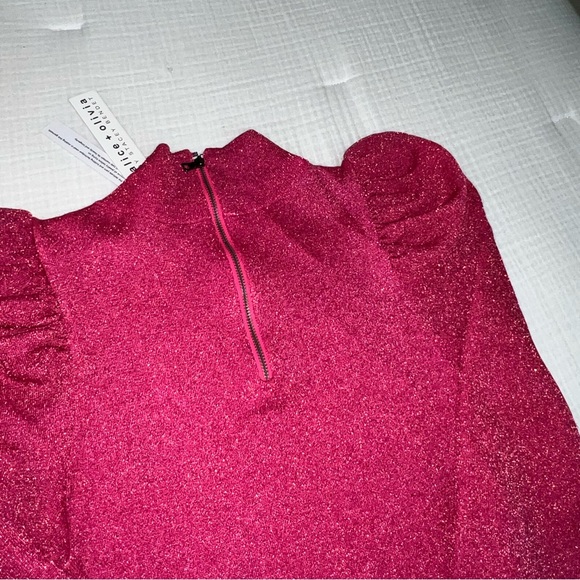 NWT Alice + Olivia Issa Turtleneck Puff Sleeve Dress Wild Pink Metallic - Picture 2 of 9